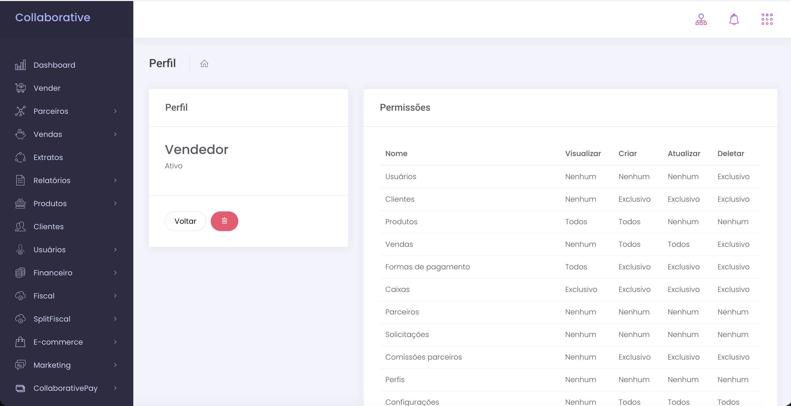 Tela de perfis e permissões do Collaborative